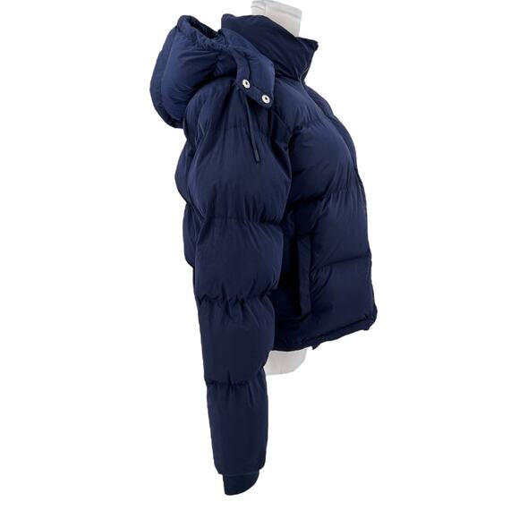 Good American Womens Iridescent Quilted Hooded Puffer Jacket in Blue Size Medium - Picture 10 of 16